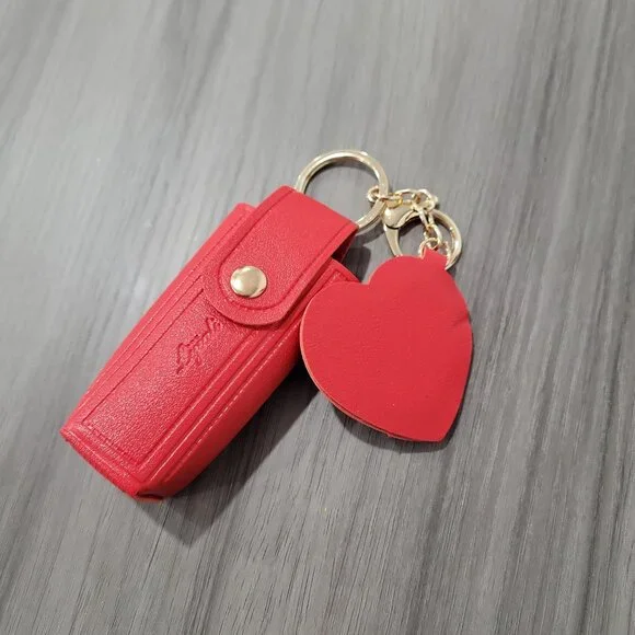 ๐ Red Mini Lipstick Holder Keychain w/ Heart Mirror ๐ Portable & Stylish! - Picture 3 of 5